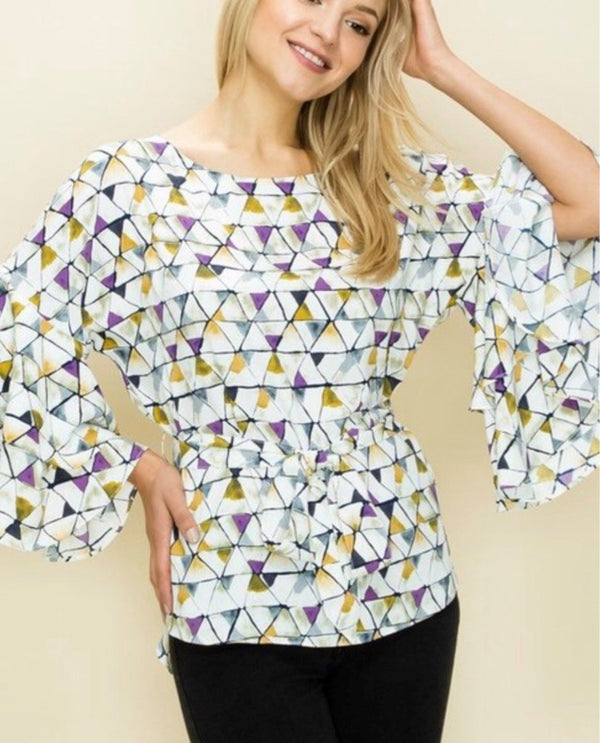 triangle print tiered ruffle sleeve with a belt